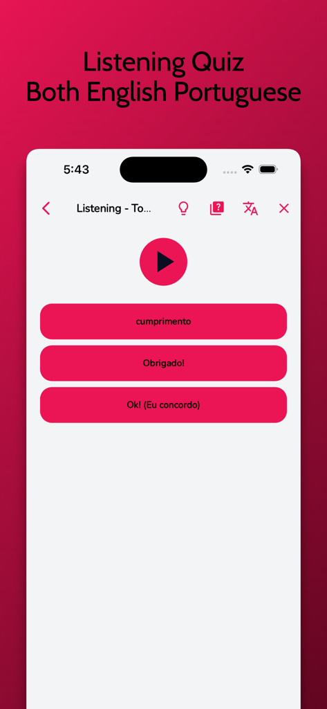 Portuguese Learning Beginners - Interfaz de una aplicación móvil que muestra un cuestionario de escucha en portugués con un botón de reproducción de audio y opciones de respuesta de opción múltiple.