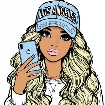 realistic beautiful girl wearing los ángeles cap holding an iphone