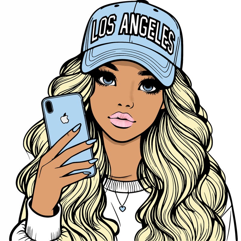 realistic beautiful girl wearing los ángeles cap holding an iphone