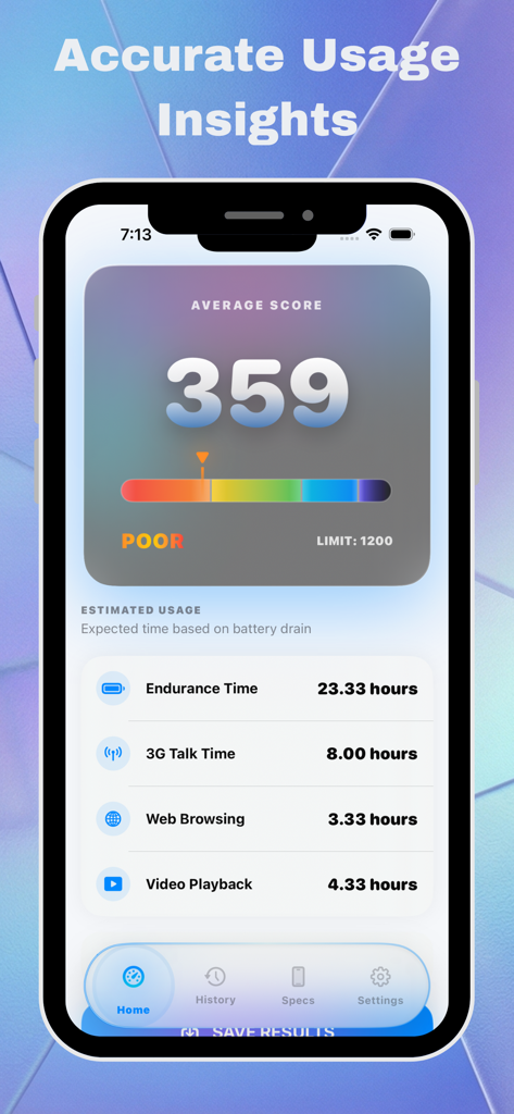 Battery Life Health: Pro Check - Accurate usage insights screen with battery performance score and activity estimates