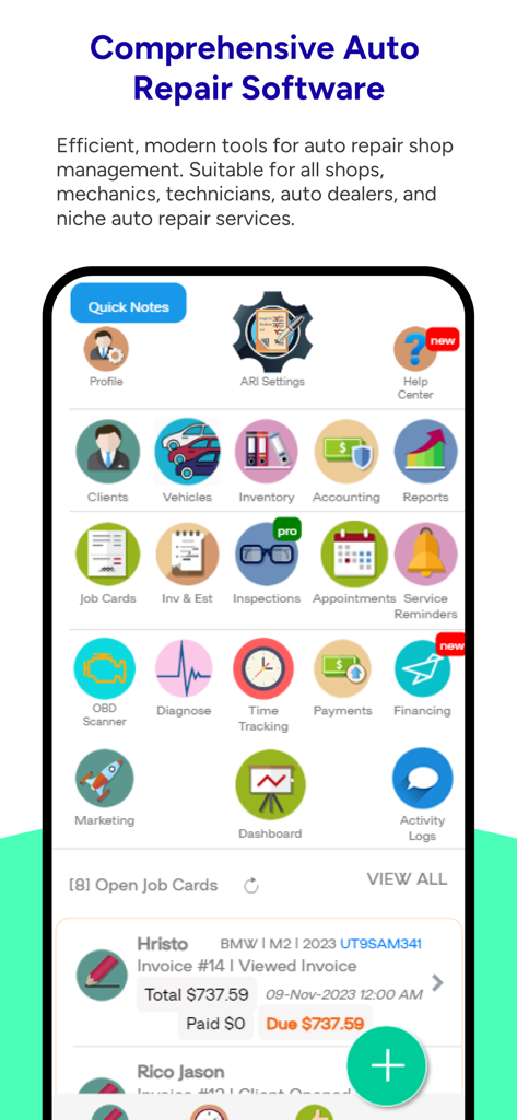Dashboard del software di riparazione auto ARI che mostra gli strumenti di gestione dell'officina e le schede di lavoro aperte
