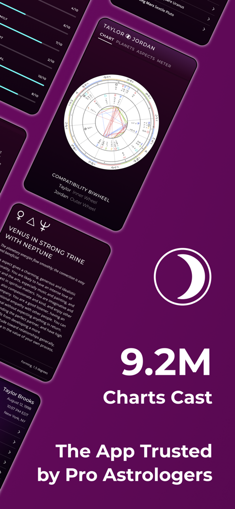 アプリのスクリーンショットと「9.2M Charts Cast」のテキストをフィーチャーしたTimePassages占星術アプリのマーケティンググラフィック