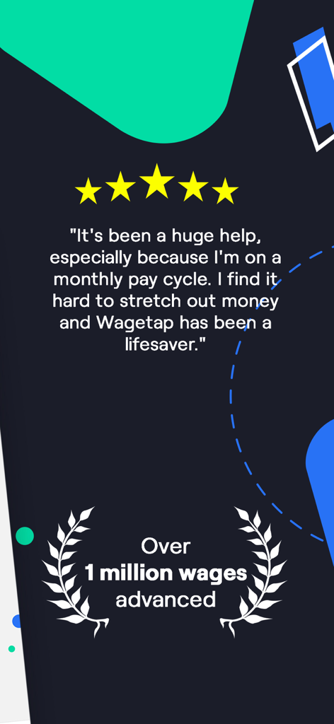 Five star user review and milestone of over one million wages advanced for Wagetap cash advance app
