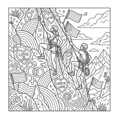 Celebrate diversity and adventure with this inspiring coloring page featuring traditional climbers embracing the spirit of Pride. Discover a vibrant scene where two climbers ascend a rock face adorned with rainbows, flags, and symbols of love.