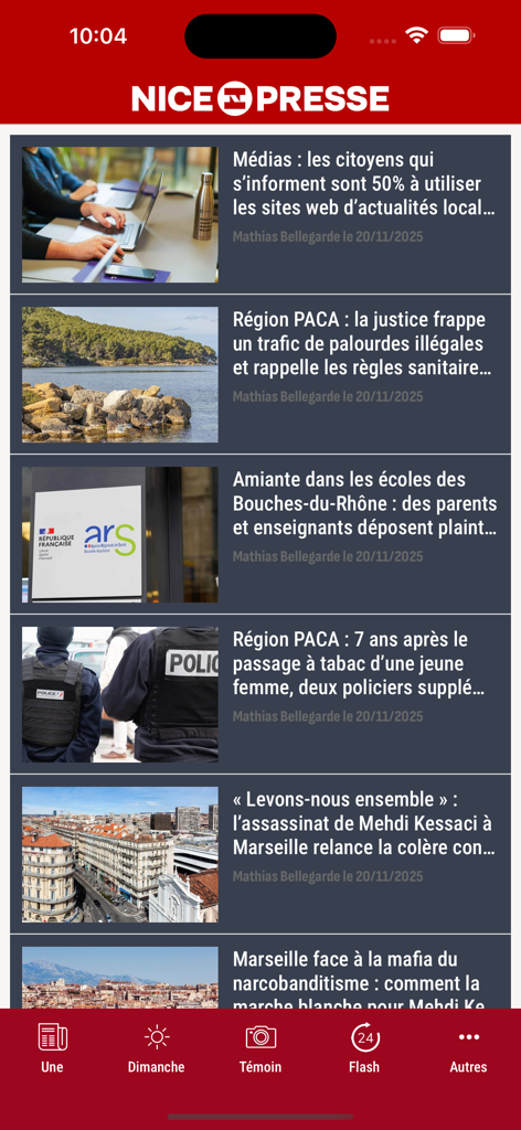 Nice-Presse - Nice-Presse mobile app interface showing a feed of local news articles from the French Riviera