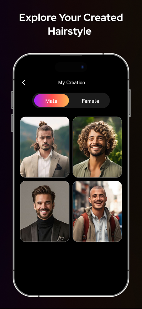 Uma galeria de penteados masculinos gerados por IA, incluindo cortes cacheados e curtos.