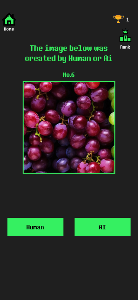 Una pantalla de juego móvil que pide al usuario que identifique si una imagen de uvas fue creada por un humano o por IA.