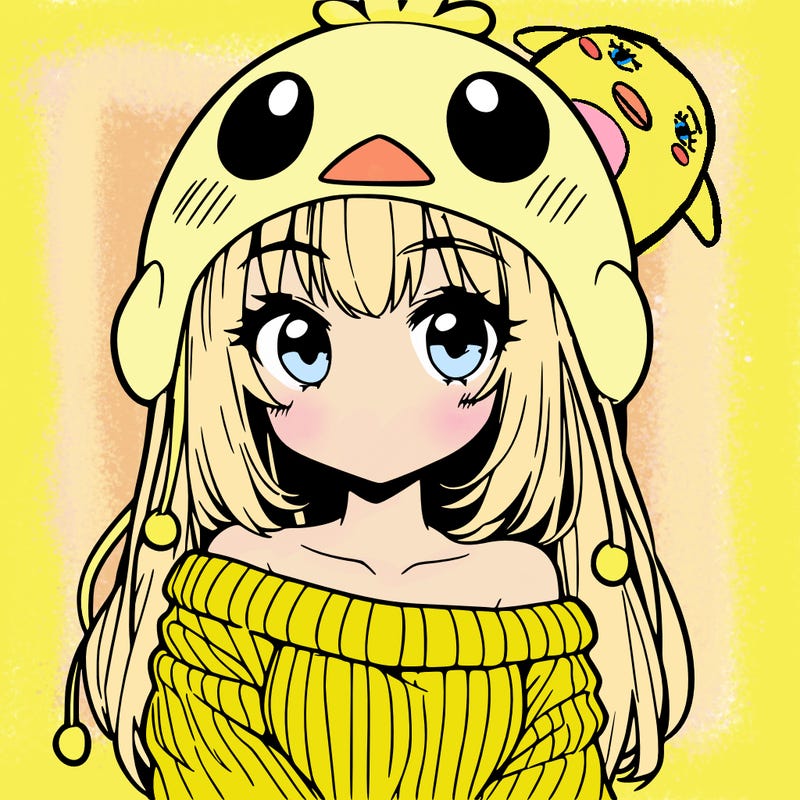 anime girl with chick shaped hat with sweater with bare shoulders with bangs covering them one eye with low tail