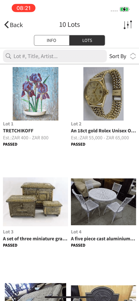 Cannons Auctioneers app interface displaying antique lots including paintings and luxury watches