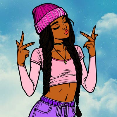 realistic teenage girl with braids and a beanie and crop top doing 🫶🏼