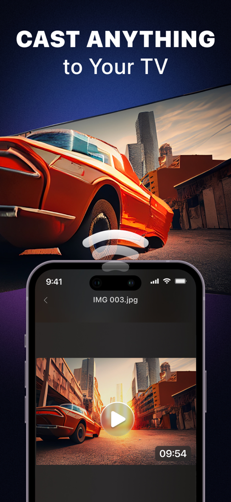 Aplicación de smartphone transmitiendo un video de un coche a una gran pantalla de Smart TV