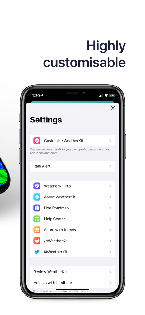 WeatherKit -Live Weather Radar - WeatherKit app settings screen on an iPhone displaying customization options and rain alerts