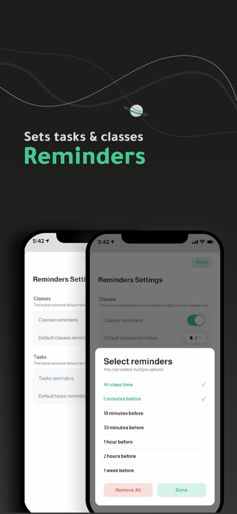 Khotta AI: Plan & Study - Khotta AI app screen showing class and task reminder settings with customizable notification times