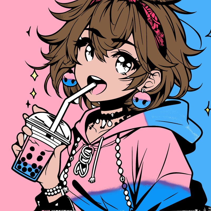 hot baddie anime girl drinking boba and biting the straw