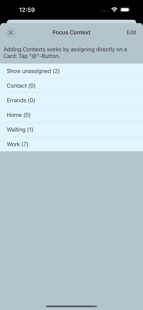 iKanban - Screenshot of the iKanban app Focus Context interface showing task categories like Work Home and Waiting with item counts.