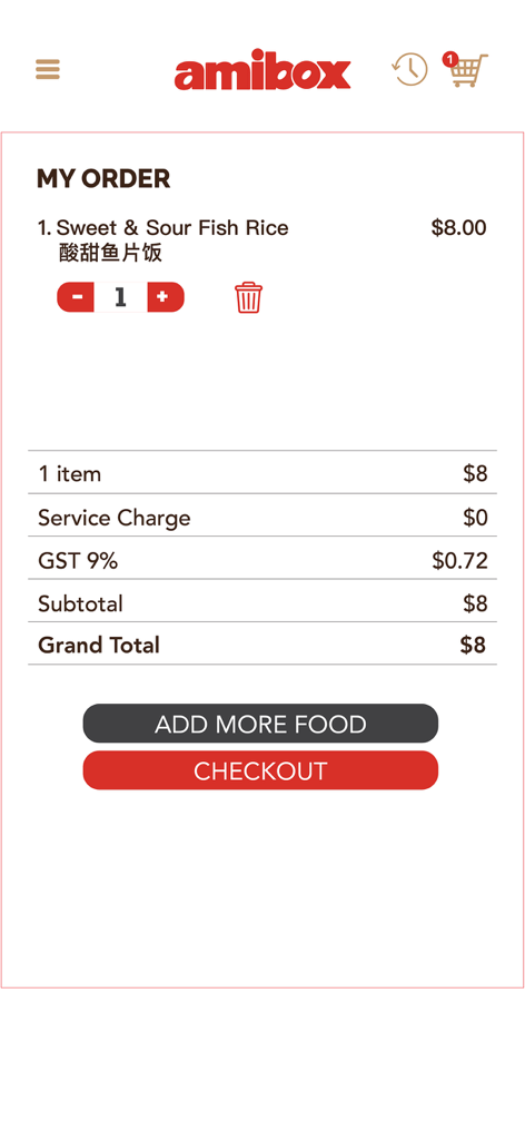Ami App - Checkout screen in the Ami App showing a summary for a sweet and sour fish rice order with a total price and checkout button
