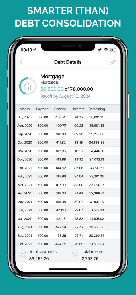 Debt Free Box: Snowball Payoff - Mortgage payoff schedule in the Debt Free Box app displaying monthly principal and interest payments