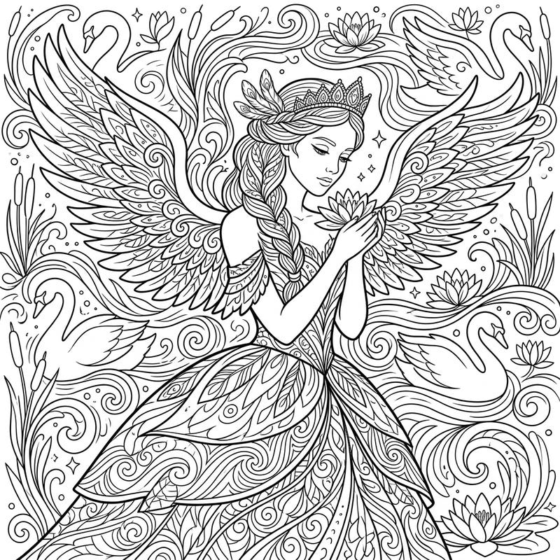 Unleash your creativity with this beautiful coloring page featuring Odette, the iconic Swan Queen, surrounded by the magic of her enchanted lake. Designed with intricate details perfect for teen colorists, it offers hours of relaxing artistic expression.
