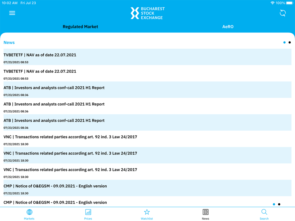 Fil d'actualités de l'application Tab de la Bourse de Bucarest pour iPad, présentant les rapports financiers et les annonces de marché.