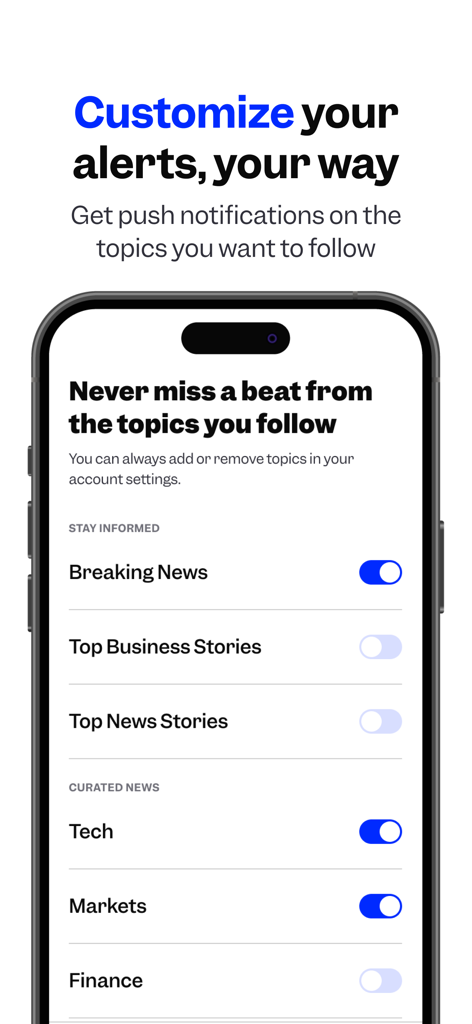 Interfaccia dell'app di Business Insider per la personalizzazione delle notifiche push per breaking news, tecnologia e mercati.