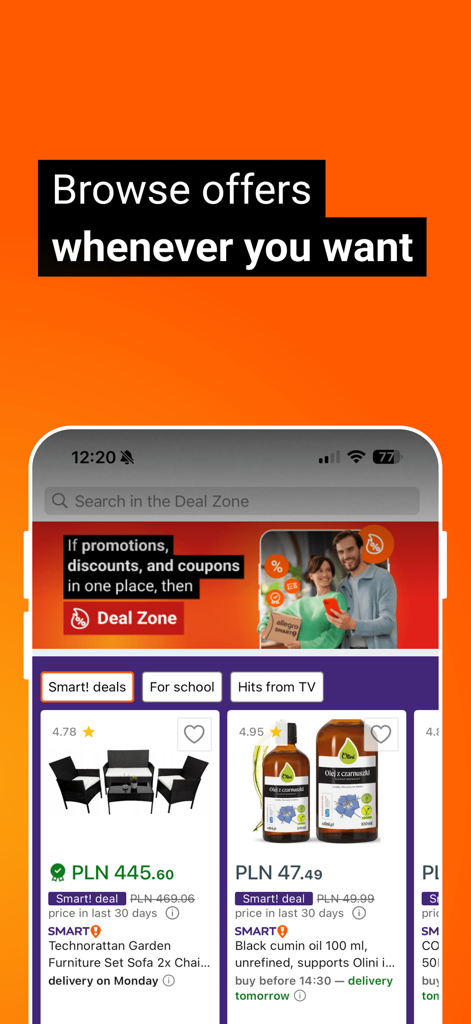 Interface da aplicação móvel Allegro mostrando ofertas de produtos na secção Zona de Promoções