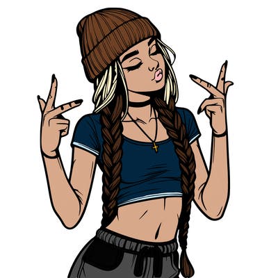 realistic teenage girl with braids and a beanie and crop top doing 🫶🏼