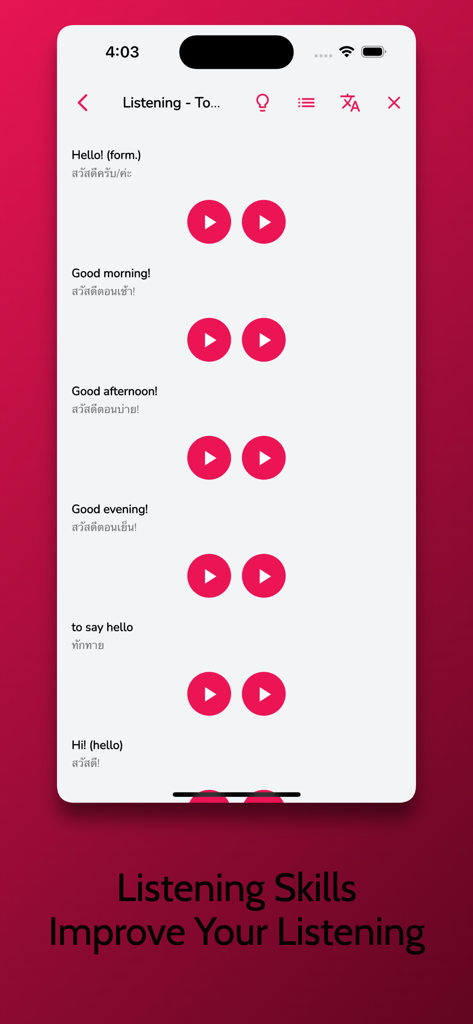 Thai learning app interface showing listening exercises with common greetings and audio play buttons