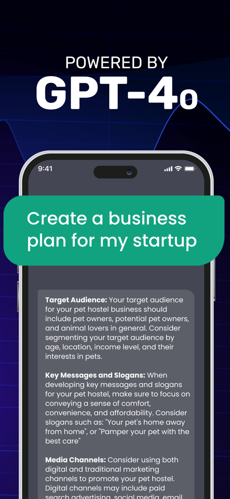 Chat AI - Ask Anything - Smartphone-Bildschirm zeigt die Chat AI App, die einen detaillierten Geschäftsplan für ein Startup für ein Tierpension erstellt, basierend auf GPT-4o