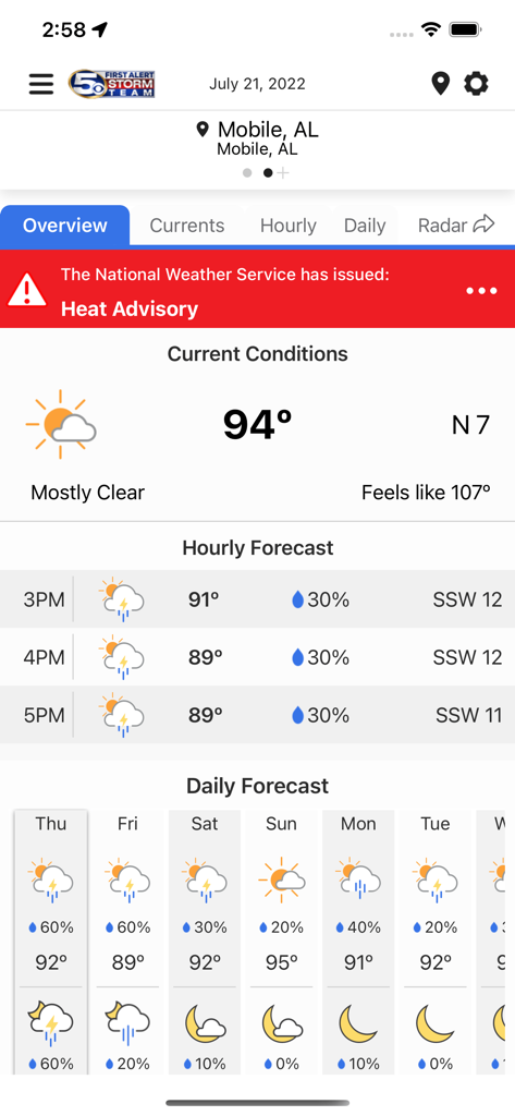 WKRG Weather - WKRG Weather app screen showing a current temperature of 94 degrees and a heat advisory alert for Mobile Alabama