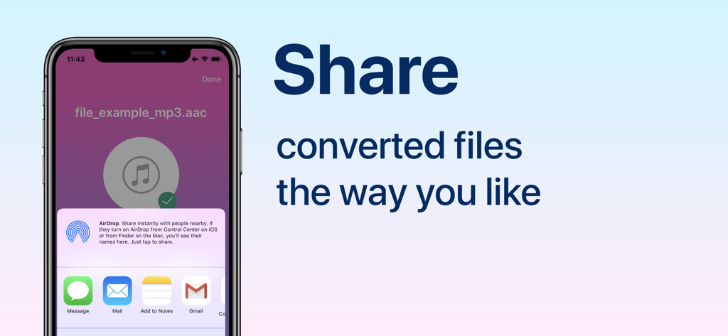 iPhone screen showing the sharing options for a converted audio file