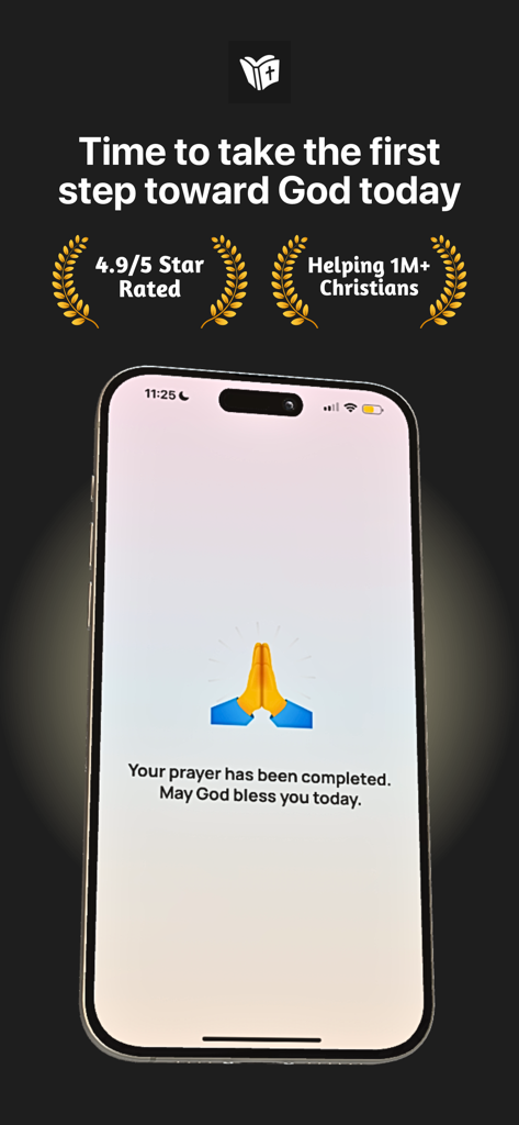 My Daily Prayer Journal - Smartphone screen showing a prayer completion message in the My Daily Prayer Journal app with high user ratings.