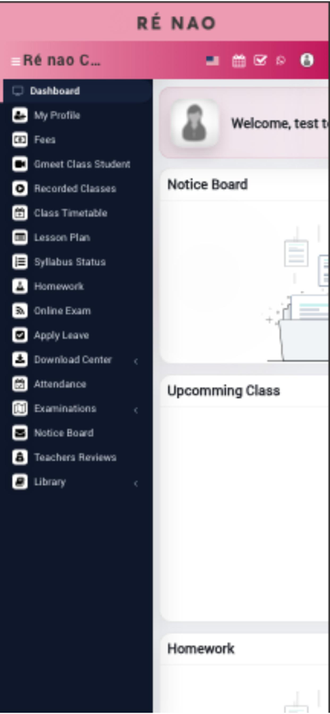 Ré nao Platform 학생 대시보드 및 탐색 메뉴를 보여주는 모바일 인터페이스
