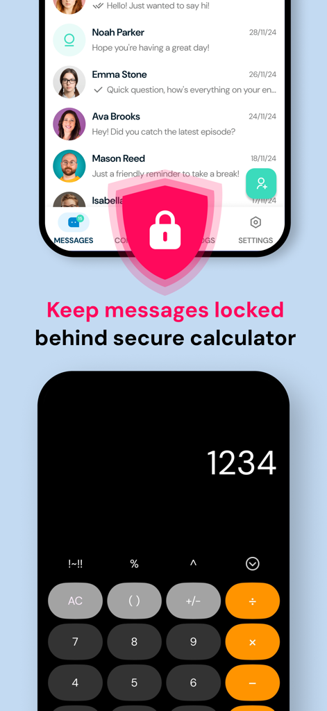 Secret messages hidden behind a secure calculator lock screen