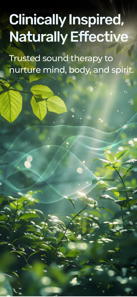 Frequency: Healing Sounds - A serene forest background with sunlight filtering through leaves and abstract glowing teal frequency waves