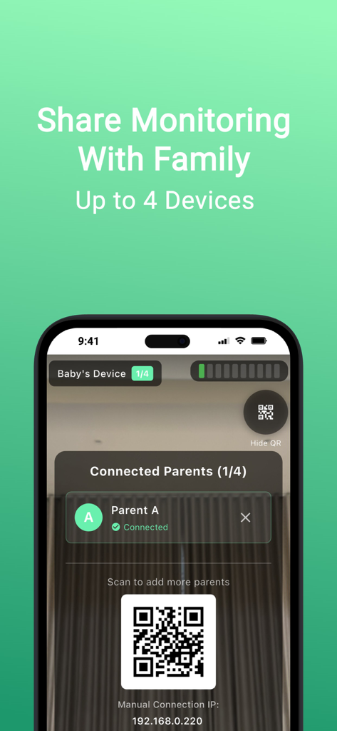 Infantalk Monitor - Infantalk Monitor app interface for sharing baby monitoring with family members via QR code setup.