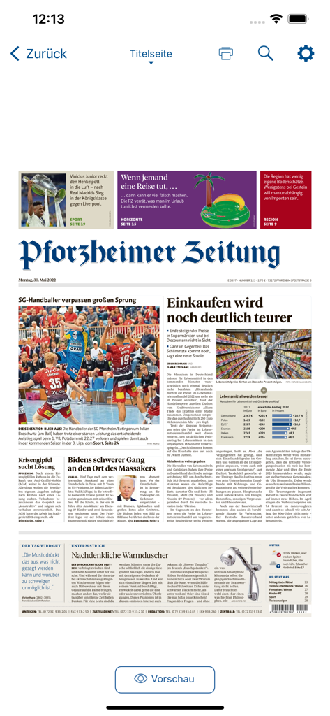 Titelseite der Zeitung Pforzheimer Zeitung in der digitalen E-Paper-App