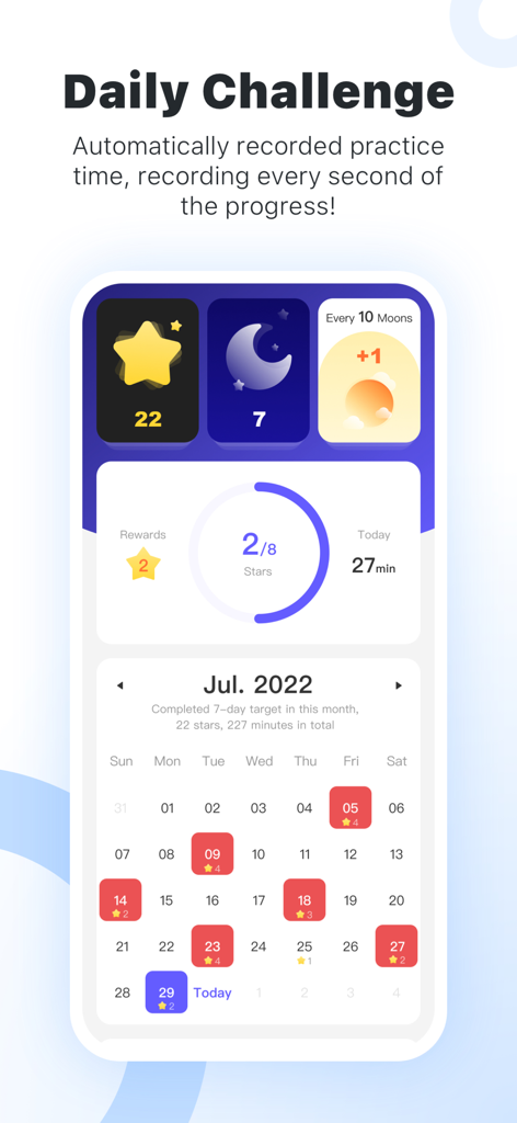 Violy app interface displaying a daily practice challenge calendar and statistics