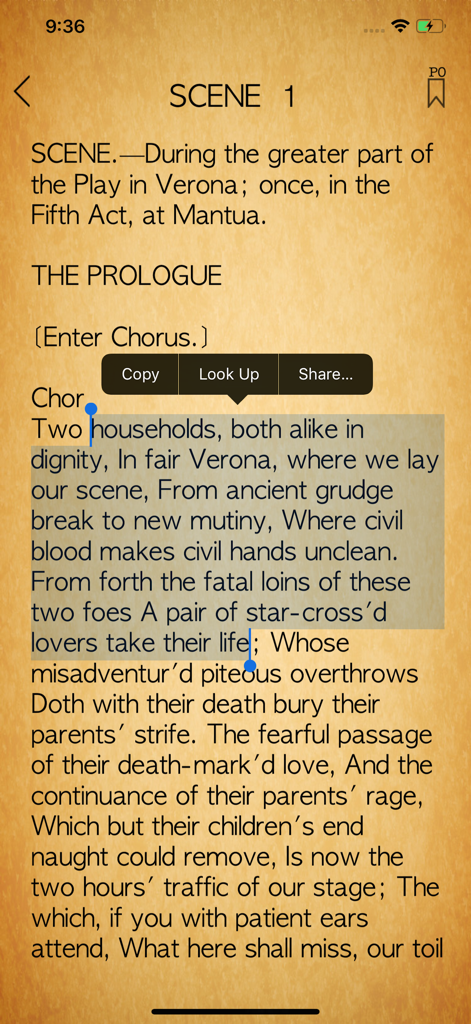 Shakespeare-App zeigt Theaterstückskript mit Menü zur Textauswahl