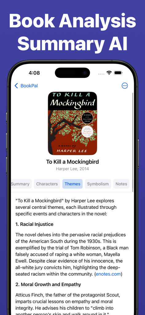AI Book Summaries - BookPal - BookPal app interface showing AI analysis of themes for the novel To Kill a Mockingbird