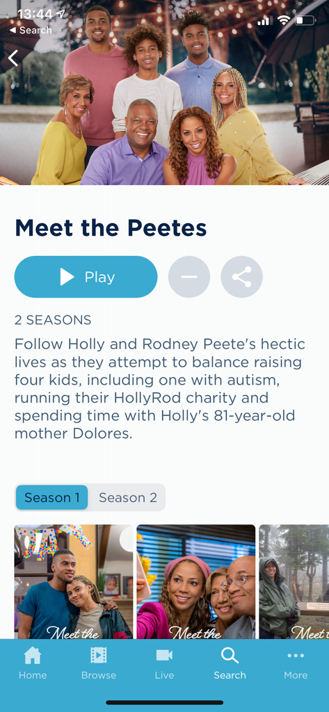 Page de détails de la série Meet the Peetes sur l'application Hallmark TV