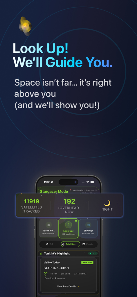 SpaceSight24 ISS & Starlink - Interface of the SpaceSight24 app showing real-time satellite tracking and Starlink flyover information
