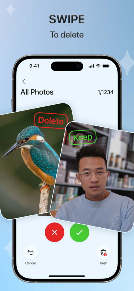 SwiftClean-App-Oberfläche zeigt eine Wisch-zum-Löschen-Funktion zur Organisation und Bereinigung einer Fotobibliothek
