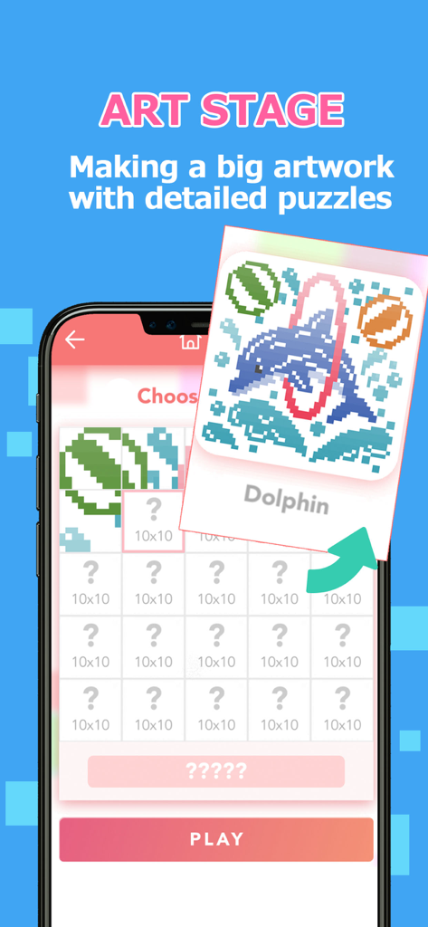 Screenshot eines Handyspiels, der die Art Stage-Funktion in Logic Art zeigt, bei der Spieler mehrere Rätsel lösen, um eine große Delfin-Pixelart zu enthüllen.