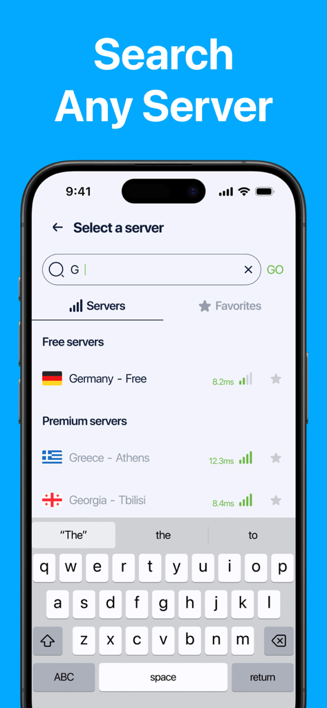 VPN Unlimitedㅤ - Search interface in VPN Unlimited app displaying free and premium server options with connection speeds