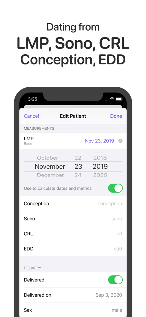 OB Tracker & Pregnancy Wheel - OB Tracker app screen for clinical pregnancy dating using LMP, Sono, CRL, and EDD metrics.