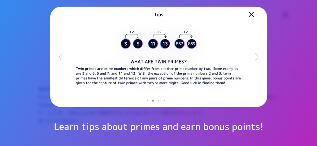 Educational tips screen in Primee app explaining twin primes and bonus points.