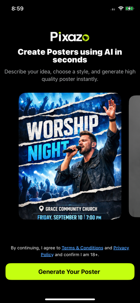 AI Poster Maker AI Generator - AI Poster Maker app showing a professional Worship Night flyer created with AI
