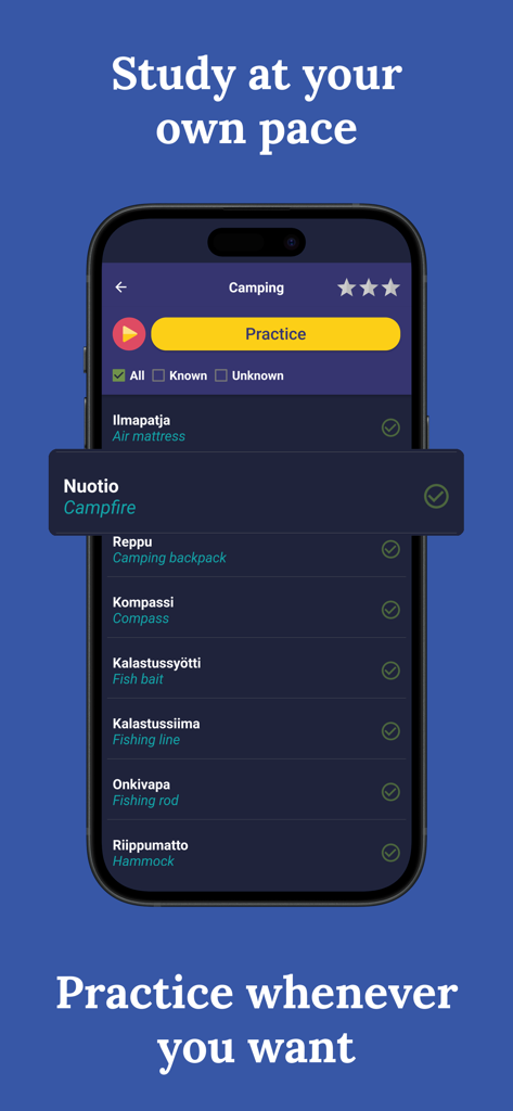 Interface de l'application Apprendre le finnois affichant une liste de mots de vocabulaire liés au camping