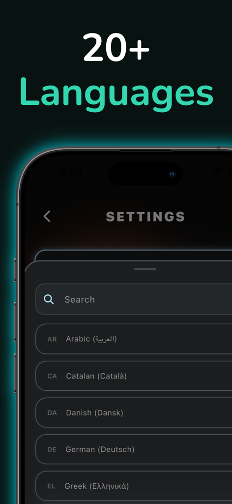 Imposter - Undercover Lie Game - Language settings screen in the Imposter game app showing multiple language options like Arabic and German.