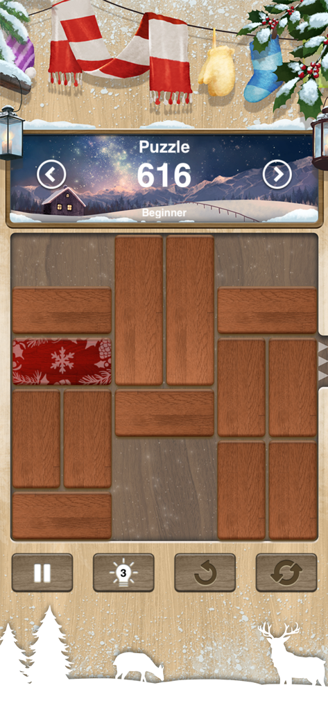 A festive winter themed level in Unblock Me Premium featuring a wooden block puzzle with seasonal decorations and a snowflake pattern red block.